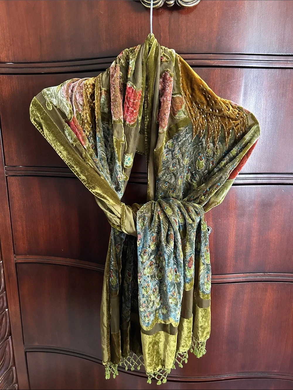 Olive Green Velvet Floral Throw Scarf
